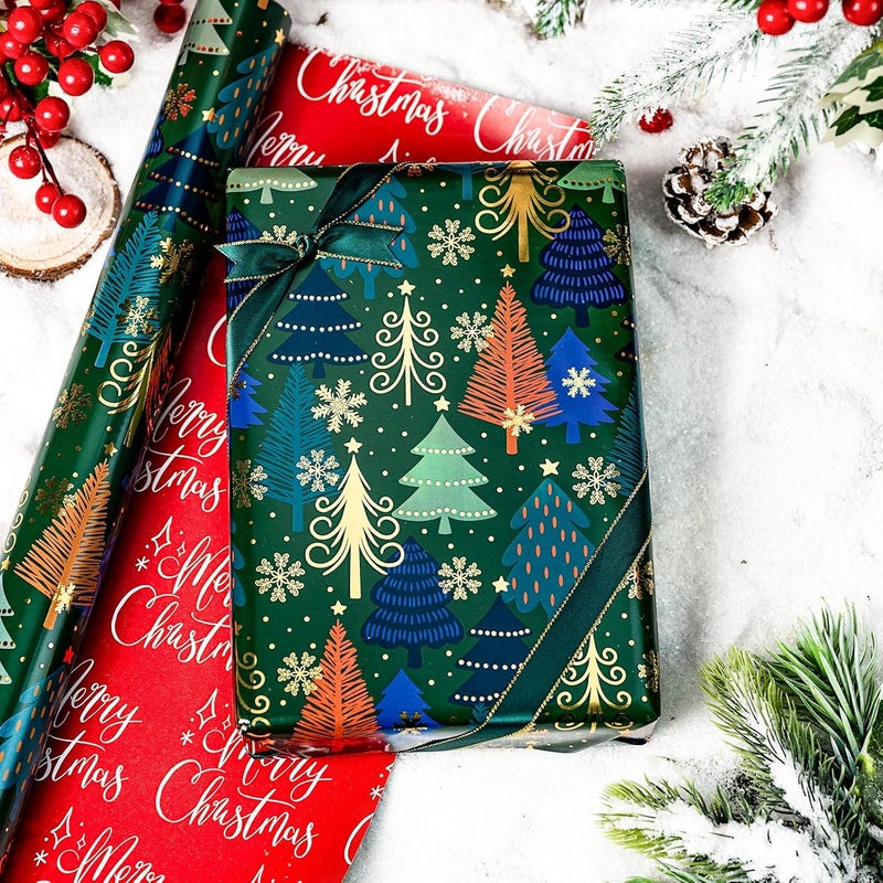 MAYPLUSS Christmas Wrapping Paper Roll - 17 Inch X 33 Feet - Green Gift Wrapping Paper Christmas Tree Snowflake Reversible Red for Holiday Party New Year Kids - Image 2
